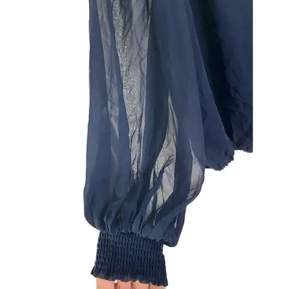Alice + Olivia 100% Silk Sheer Blouson Sleeves Blouse Navy Blue Size MEDIUM